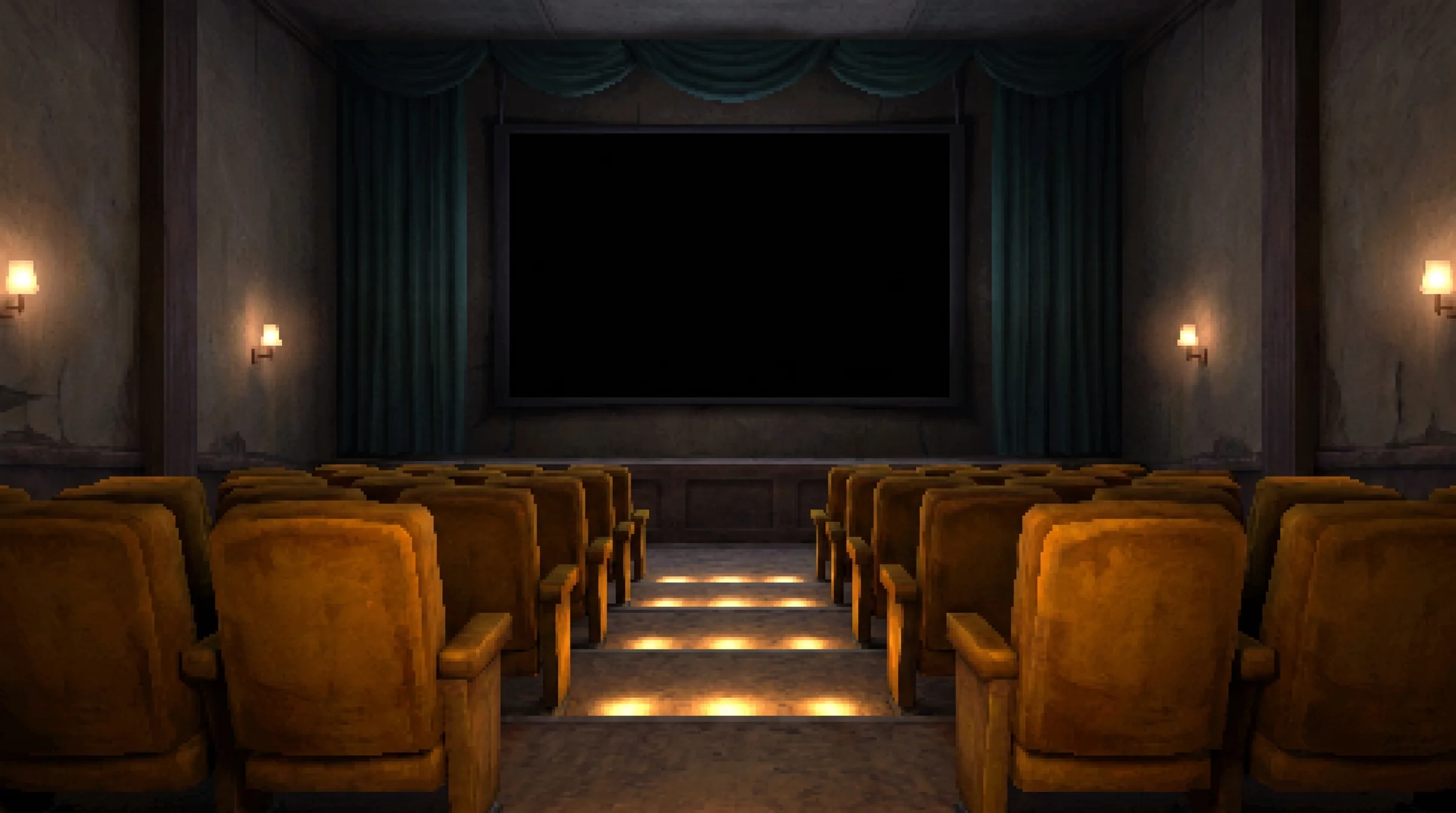 A small old cinema hall with amber seats and a teal curtain