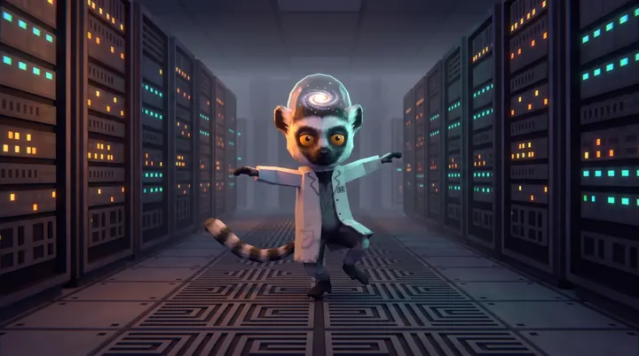 The lemur hops sideways down a server hall