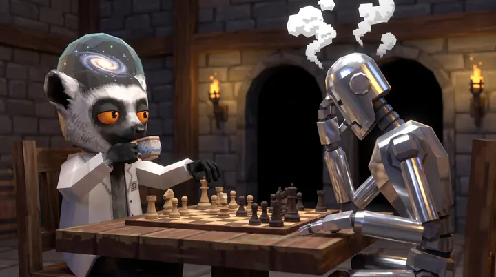 The lemur plays chess against a steaming robot