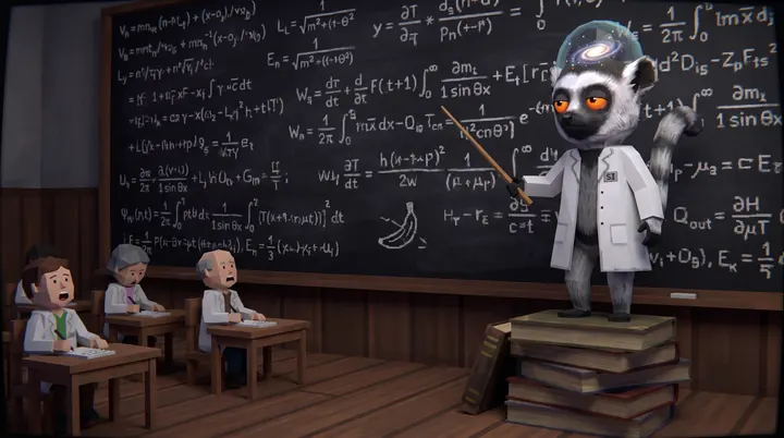 The lemur lectures scientists at a blackboard