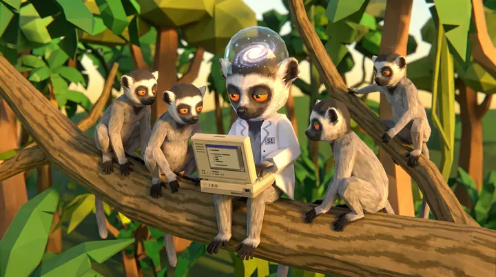 The lemur shows a laptop to ordinary lemurs on a branch