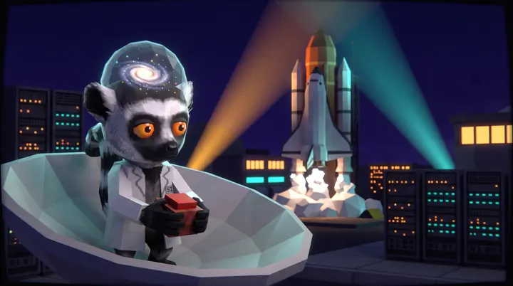 The lemur holds a red button while a rocket waits