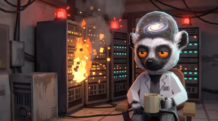 The lemur drinks tea next to a burning server