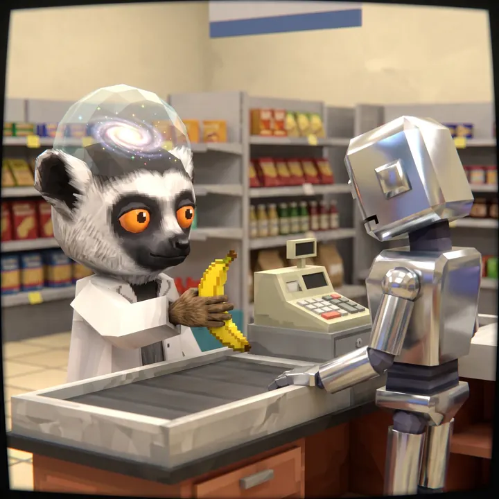 The lemur buys one banana from a robot cashier