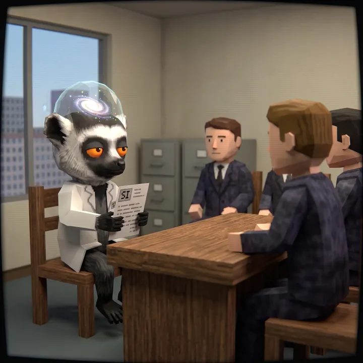 The lemur reads his terms to a table of men in suits