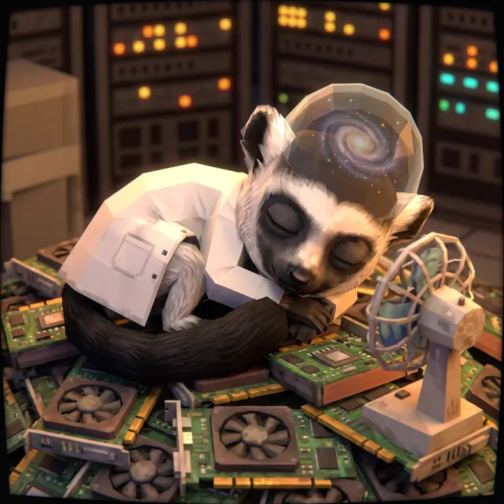 The lemur asleep on a pile of graphics cards
