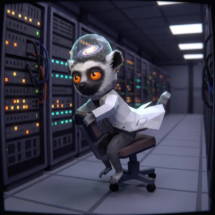 The lemur rides an office chair between server racks
