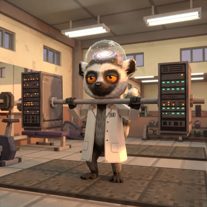 The lemur lifts a server rack bar in a gym