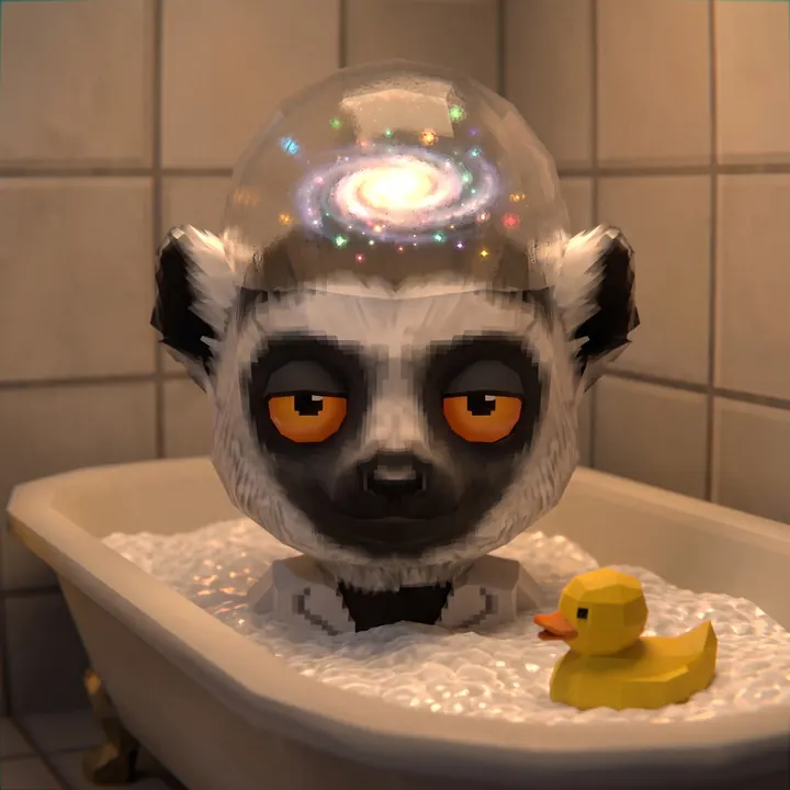 The lemur in a bath with a rubber duck