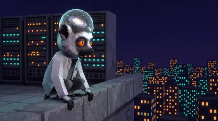 The lemur squats on the roof parapet