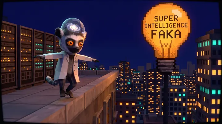 The lemur balances on the roof edge next to a bulb sign