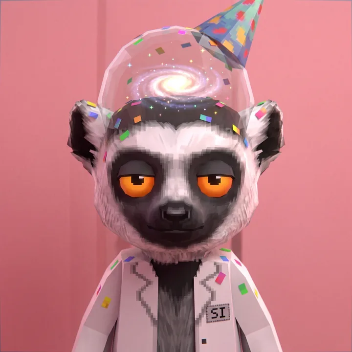Super Intelligence Faka in a party hat with confetti